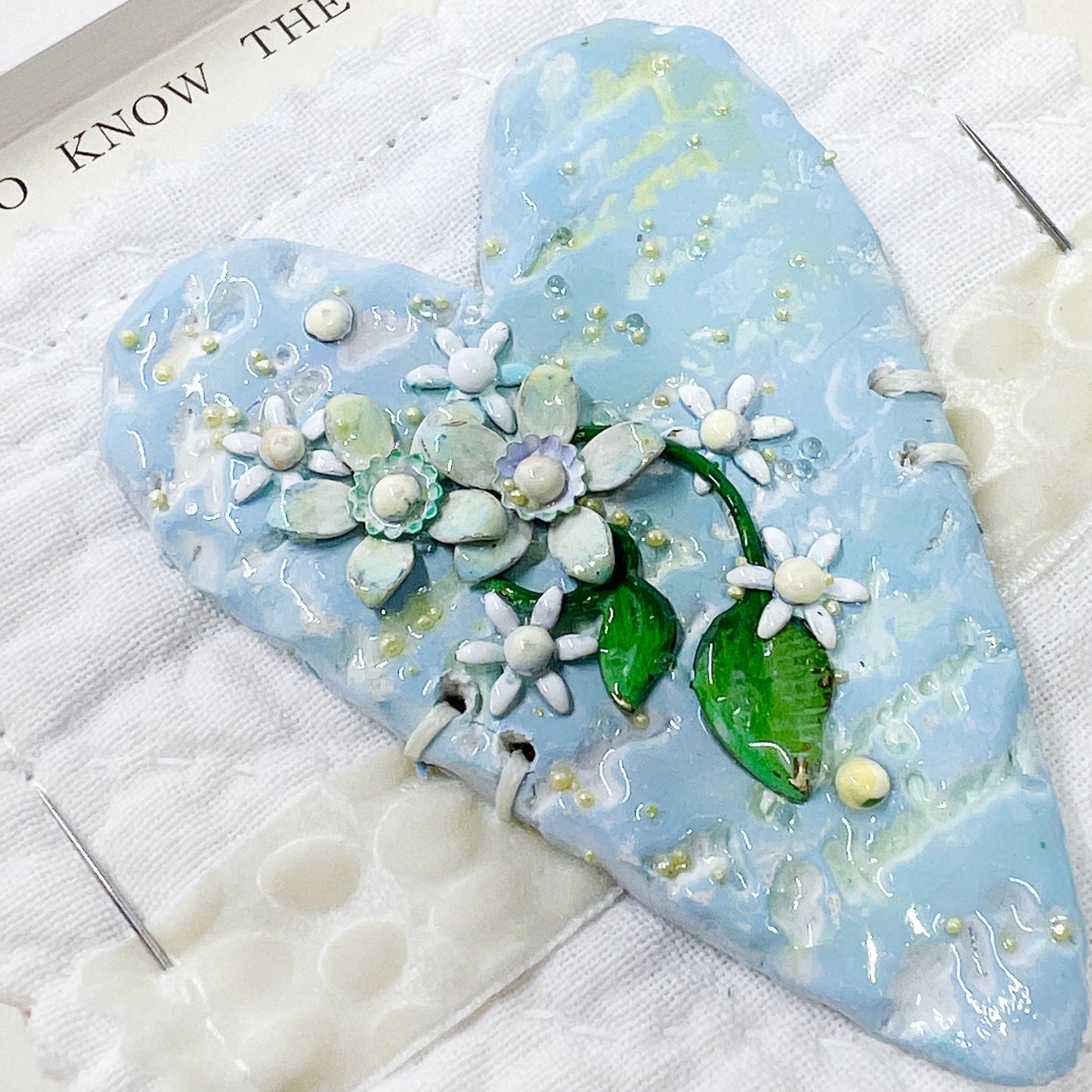 Handmade Heartfelt Sampler 17: framed hand sculpted heart with hand-painted enameled flowers by artist Tammy Tutterow