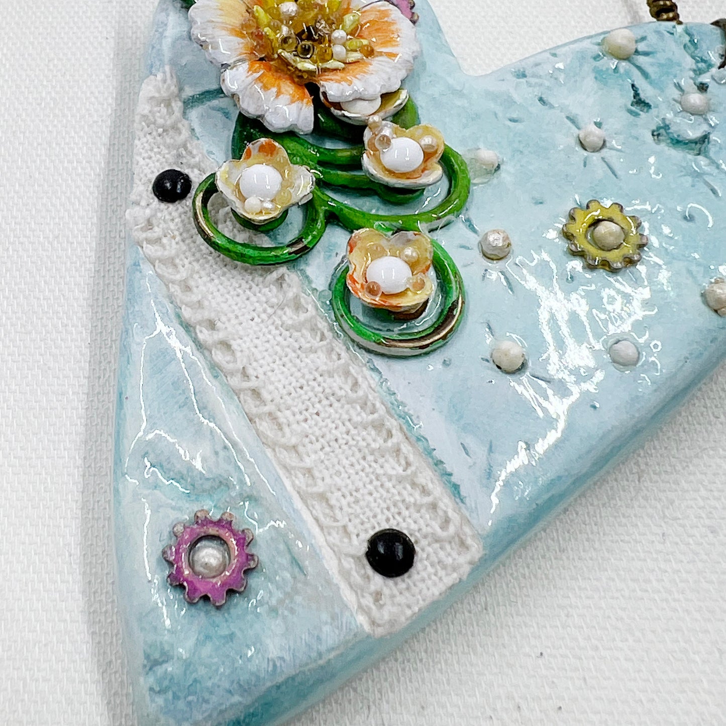 Handmade Heartfelt Ornament 1: hand sculpted heart with mixed media hand-painted enameled flowers by artist Tammy Tutterow