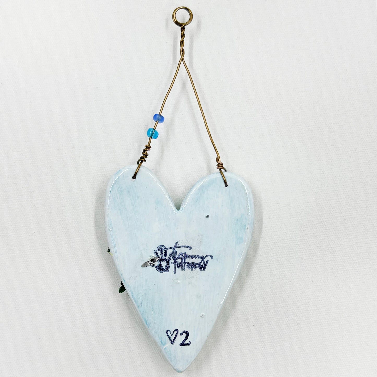 Handmade Heartfelt Ornament 2: hand sculpted heart with mixed media hand-painted enameled flowers by artist Tammy Tutterow