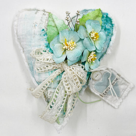 Handmade Heartfelt Love Notes Vintage Heart Bowl Filler #1: mixed media fabric art with handmade flowers by artist Tammy Tutterow