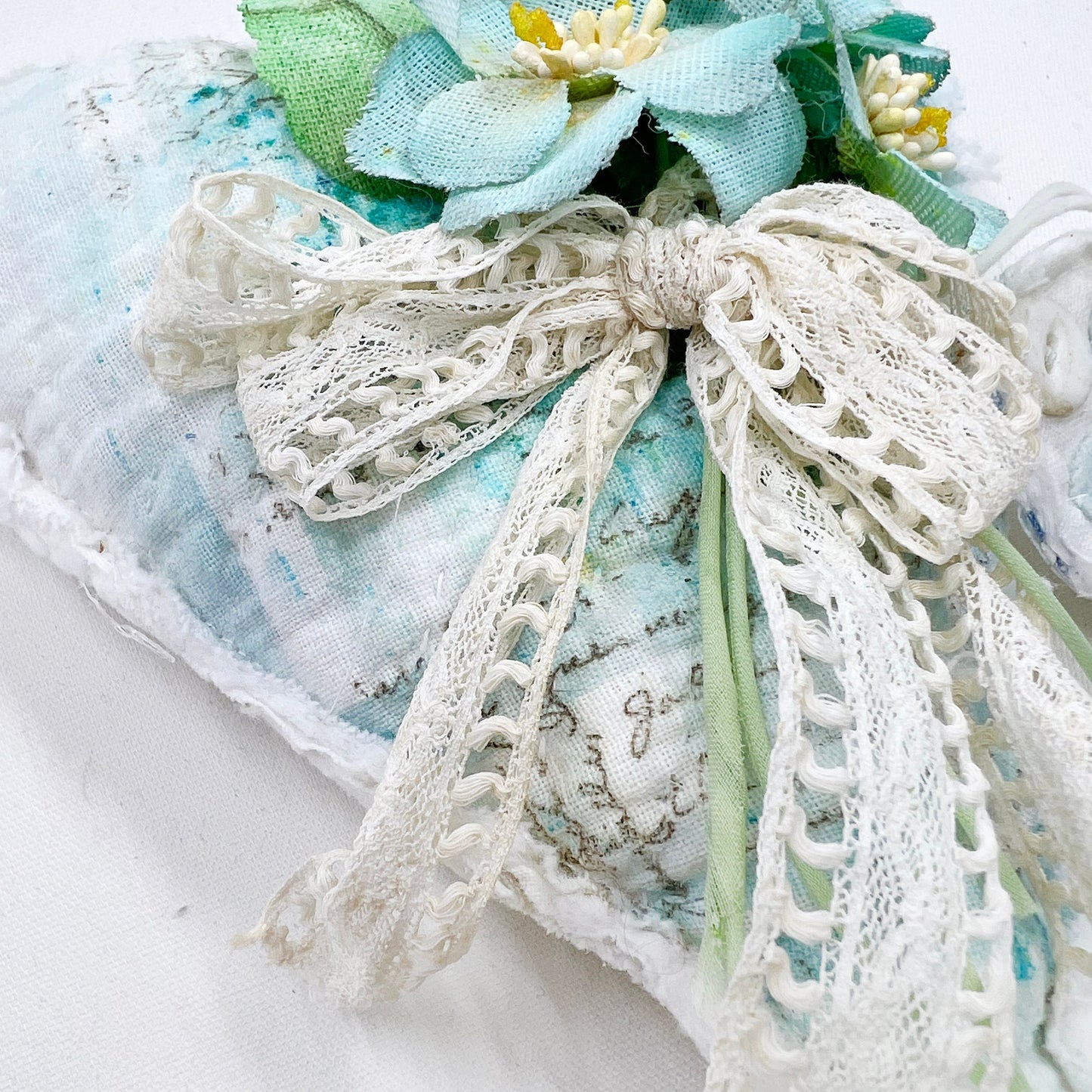 Handmade Heartfelt Love Notes Vintage Heart Bowl Filler #1: mixed media fabric art with handmade flowers by artist Tammy Tutterow