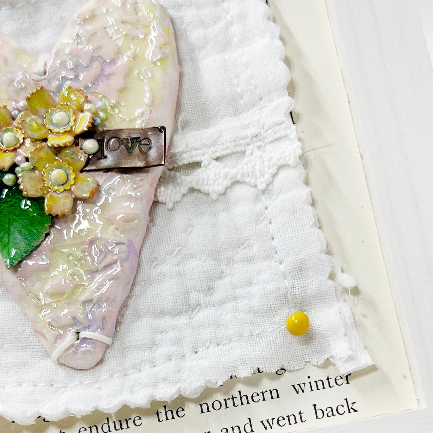 Handmade Heartfelt Sampler 2: framed hand sculpted heart with hand-painted enameled flowers by artist Tammy Tutterow