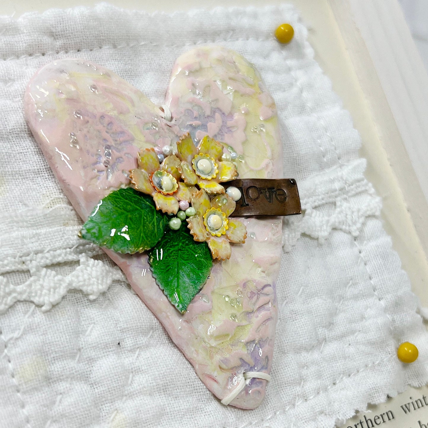 Handmade Heartfelt Sampler 2: framed hand sculpted heart with hand-painted enameled flowers by artist Tammy Tutterow