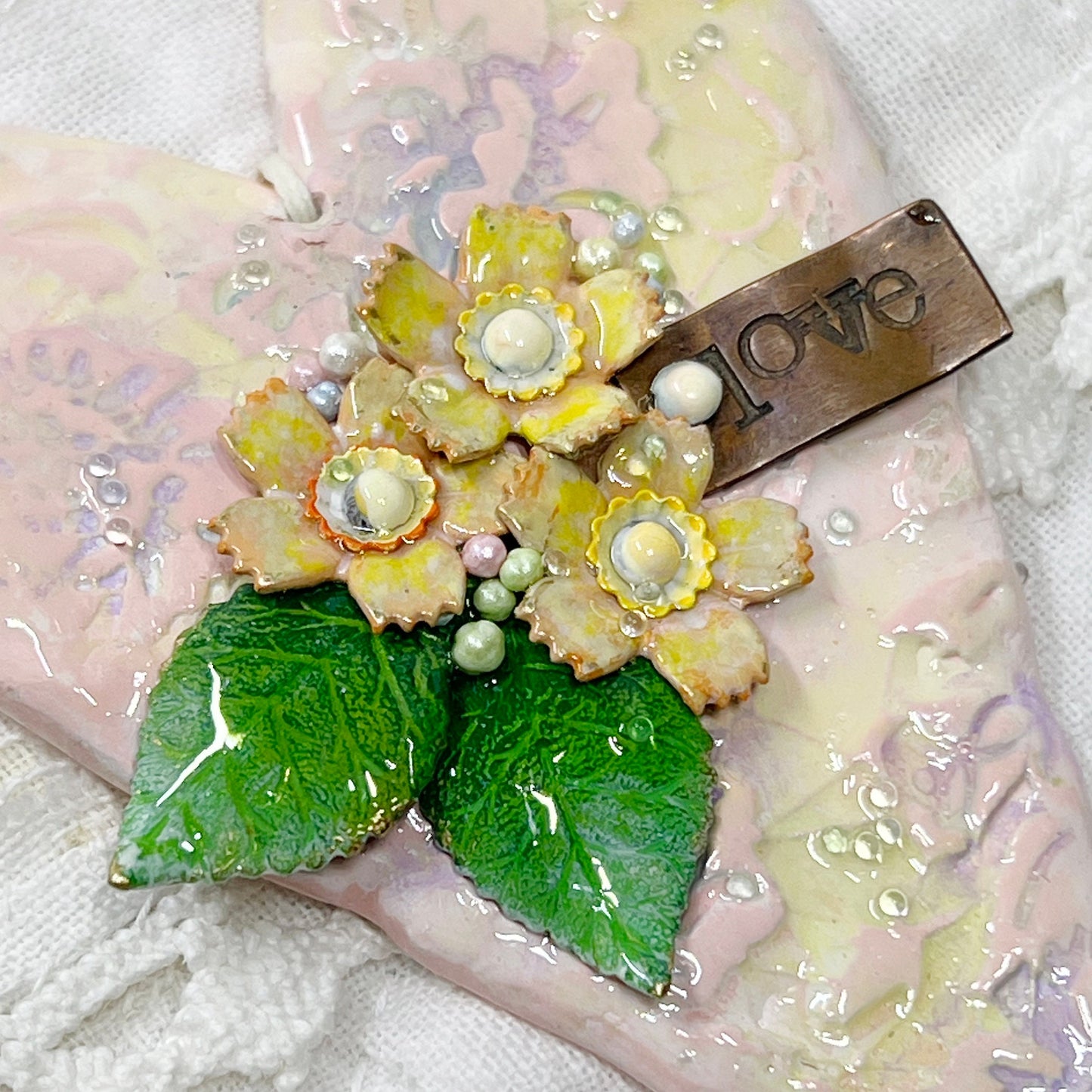 Handmade Heartfelt Sampler 2: framed hand sculpted heart with hand-painted enameled flowers by artist Tammy Tutterow