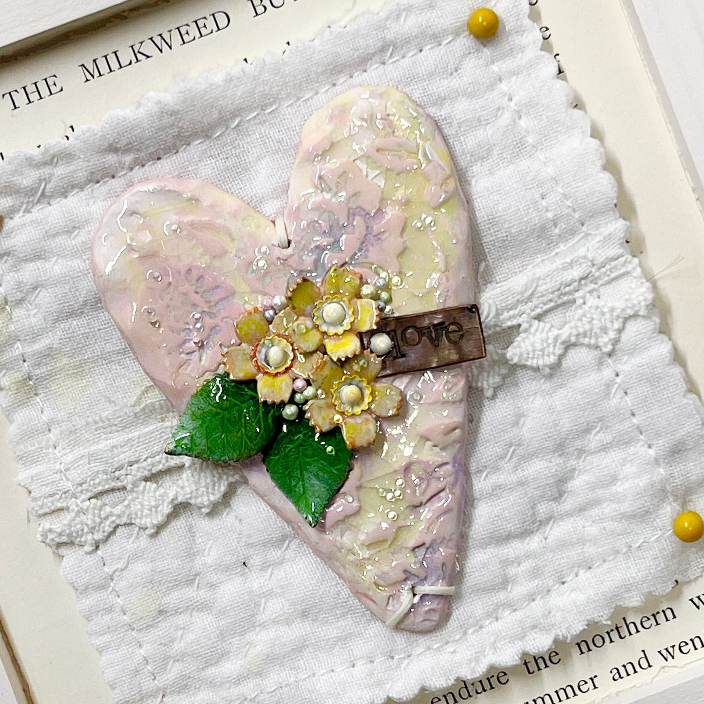 Handmade Heartfelt Sampler 2: framed hand sculpted heart with hand-painted enameled flowers by artist Tammy Tutterow