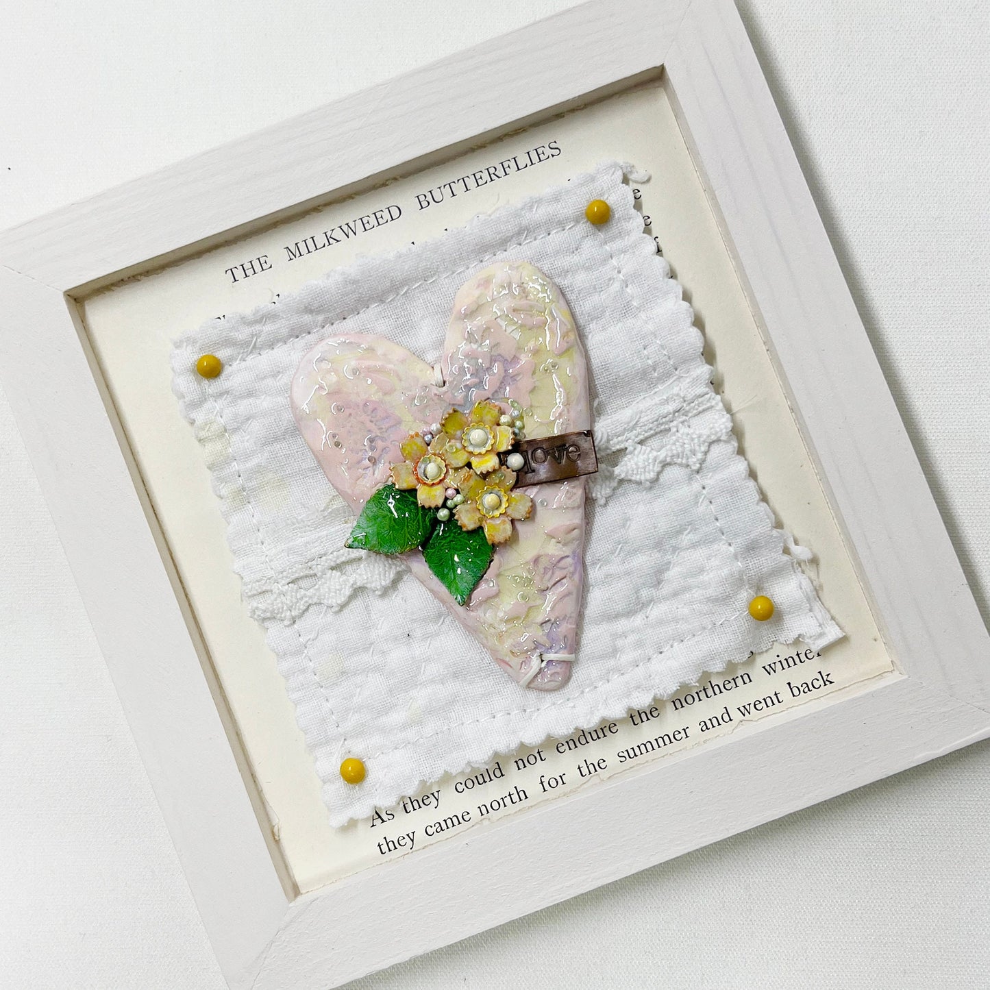 Handmade Heartfelt Sampler 2: framed hand sculpted heart with hand-painted enameled flowers by artist Tammy Tutterow