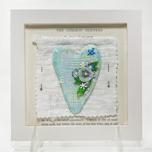 Handmade Heartfelt Sampler 3: framed hand sculpted heart with hand-painted enameled flowers by artist Tammy Tutterow