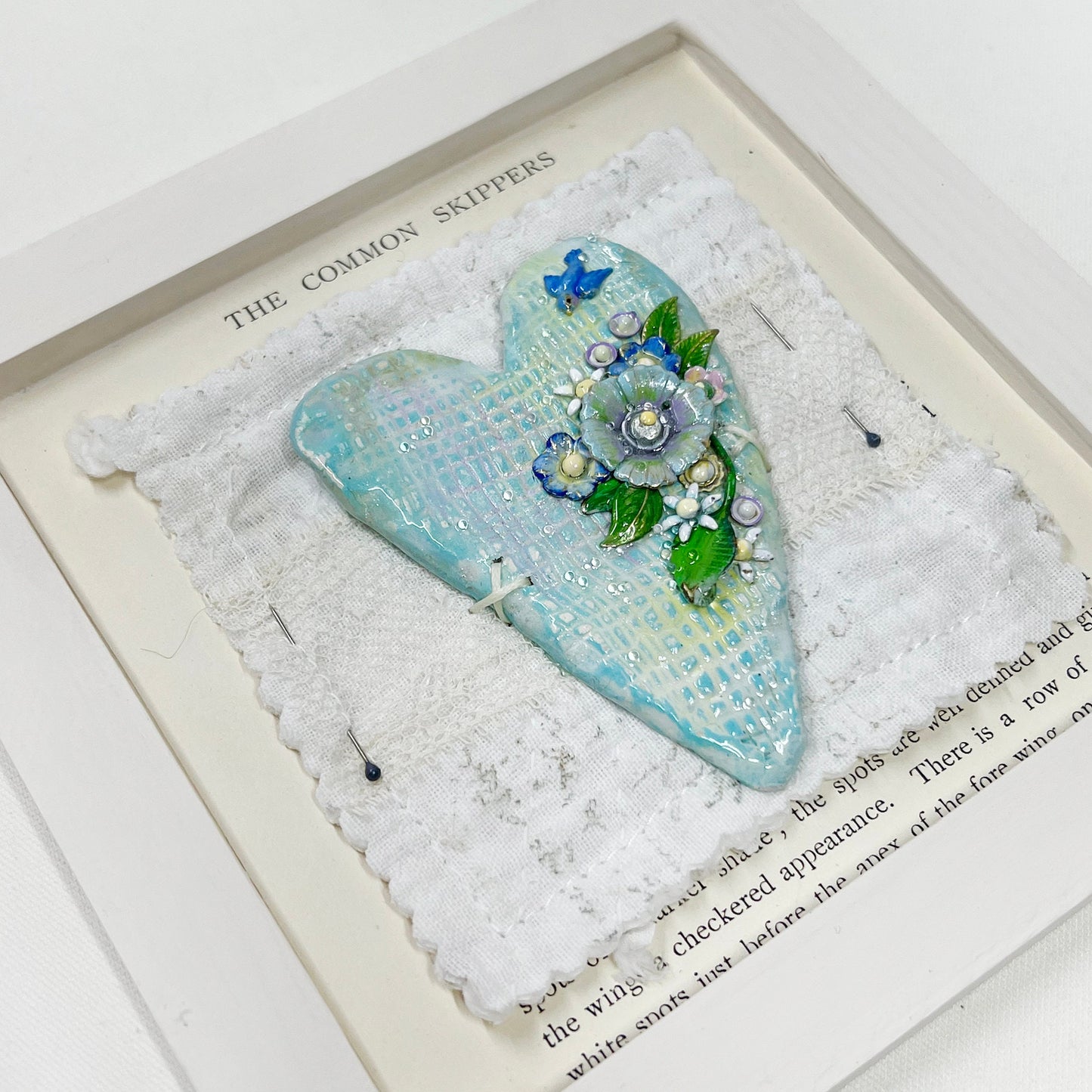 Handmade Heartfelt Sampler 3: framed hand sculpted heart with hand-painted enameled flowers by artist Tammy Tutterow