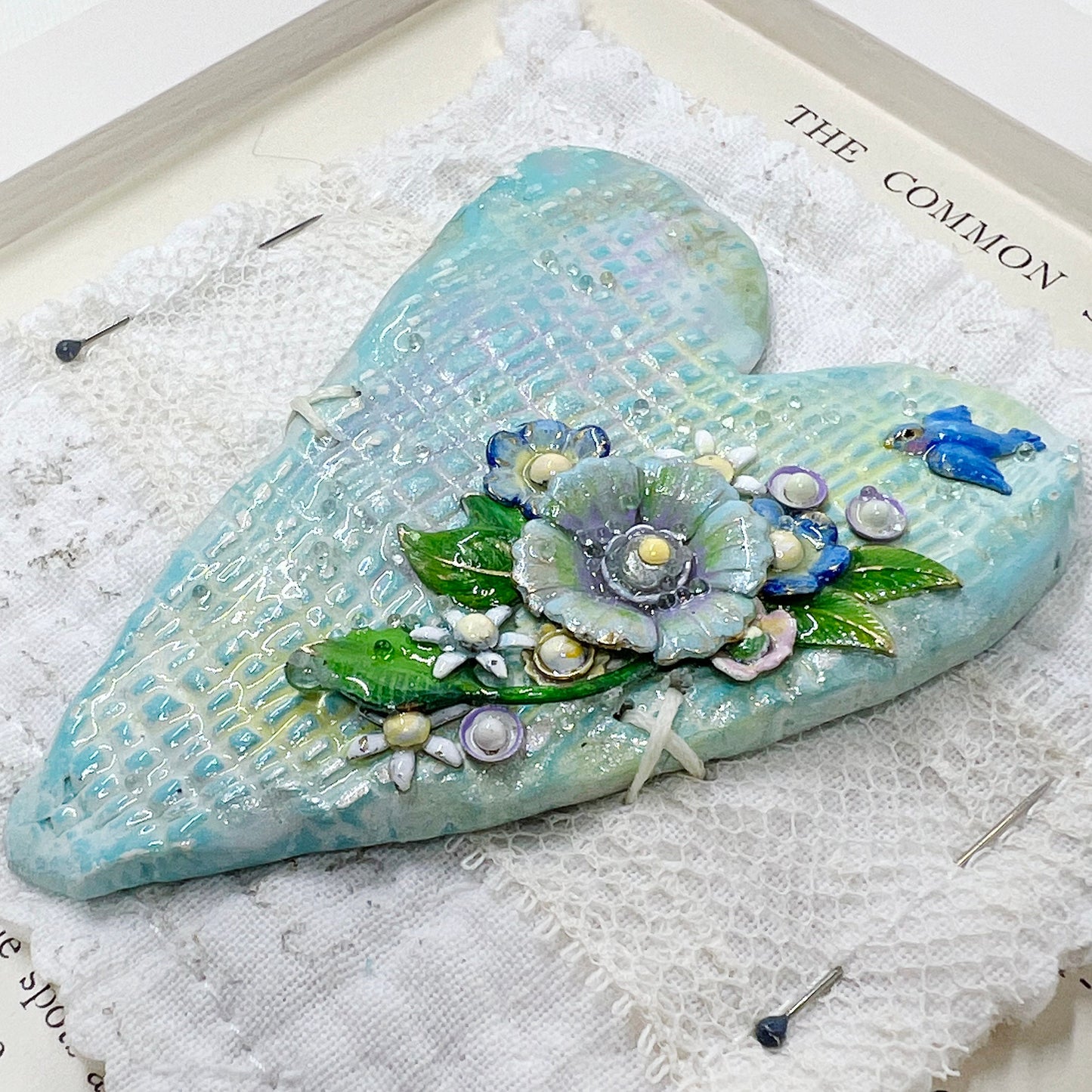 Handmade Heartfelt Sampler 3: framed hand sculpted heart with hand-painted enameled flowers by artist Tammy Tutterow