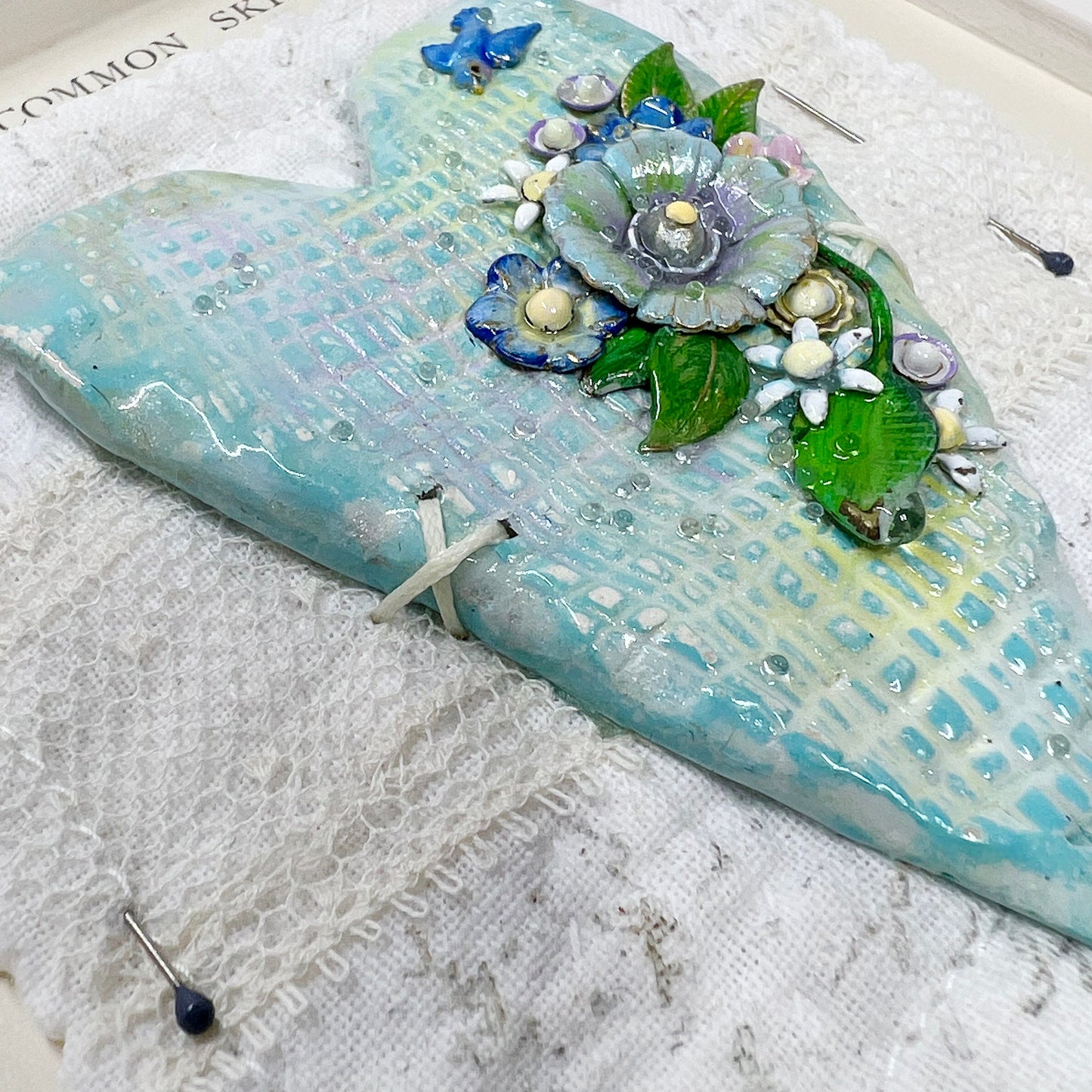 Handmade Heartfelt Sampler 3: framed hand sculpted heart with hand-painted enameled flowers by artist Tammy Tutterow