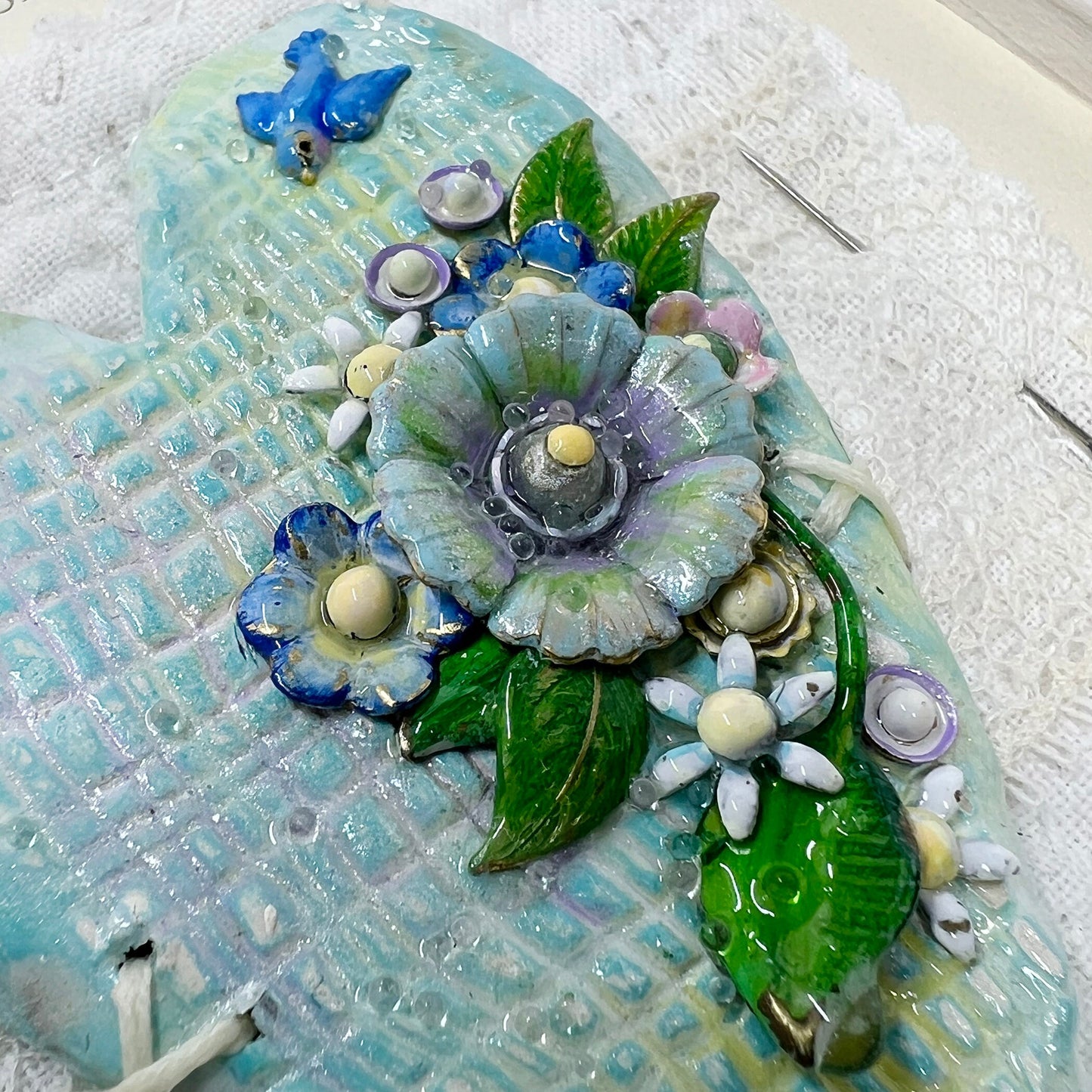 Handmade Heartfelt Sampler 3: framed hand sculpted heart with hand-painted enameled flowers by artist Tammy Tutterow