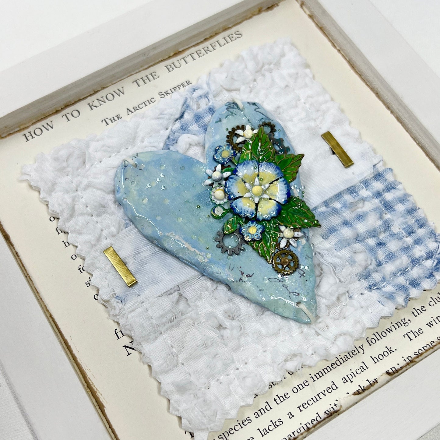 Handmade Heartfelt Sampler 5: framed hand sculpted heart with hand-painted enameled flowers by artist Tammy Tutterow