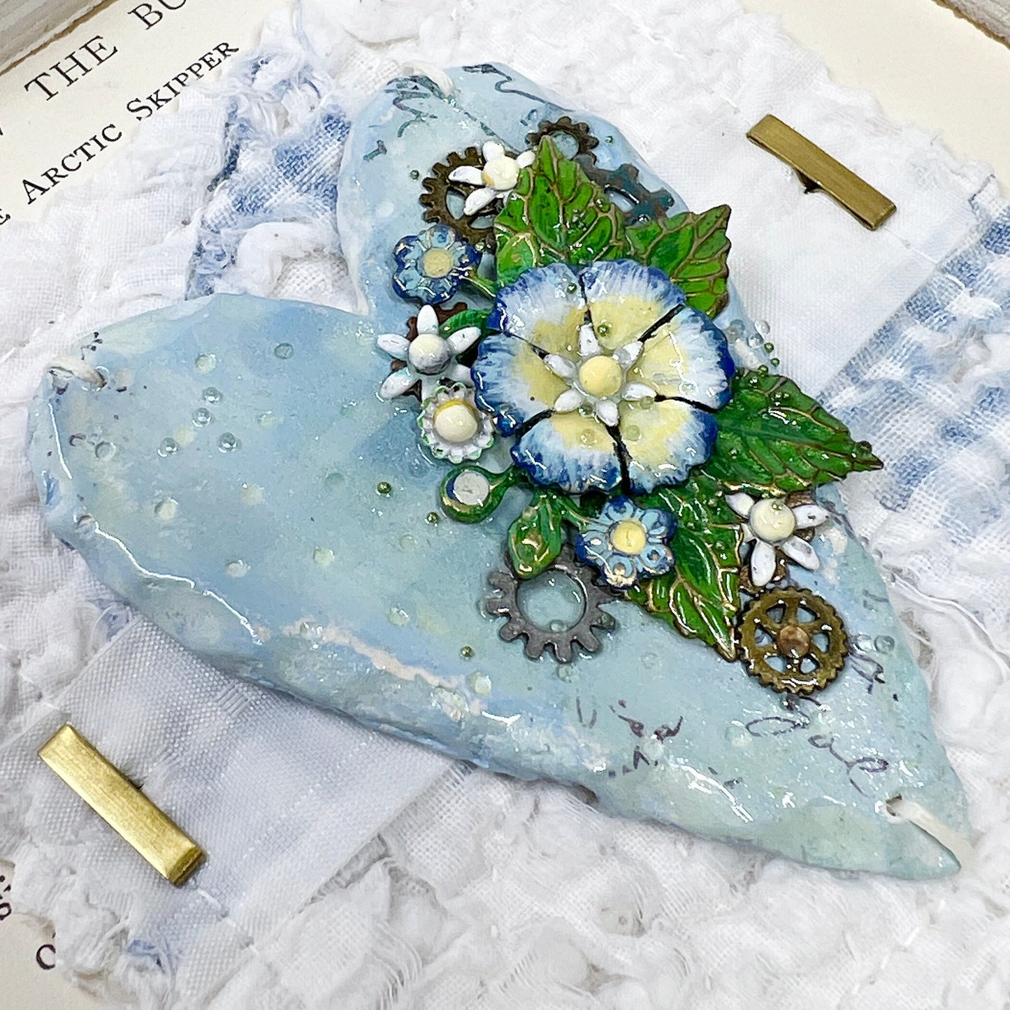 Handmade Heartfelt Sampler 5: framed hand sculpted heart with hand-painted enameled flowers by artist Tammy Tutterow