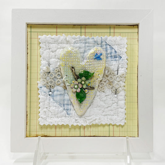 Handmade Heartfelt Sampler 6: framed hand sculpted heart with hand-painted enameled flowers by artist Tammy Tutterow