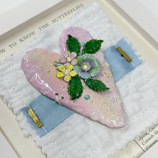 Handmade Heartfelt Sampler 9: framed hand sculpted heart with hand-painted enameled flowers by artist Tammy Tutterow