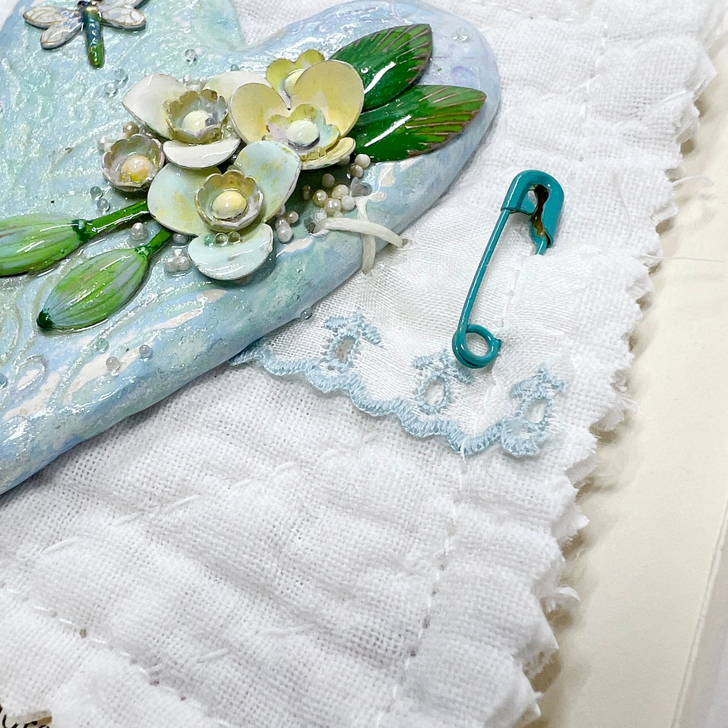 Handmade Heartfelt Sampler 13: framed hand sculpted heart with hand-painted enameled flowers by artist Tammy Tutterow