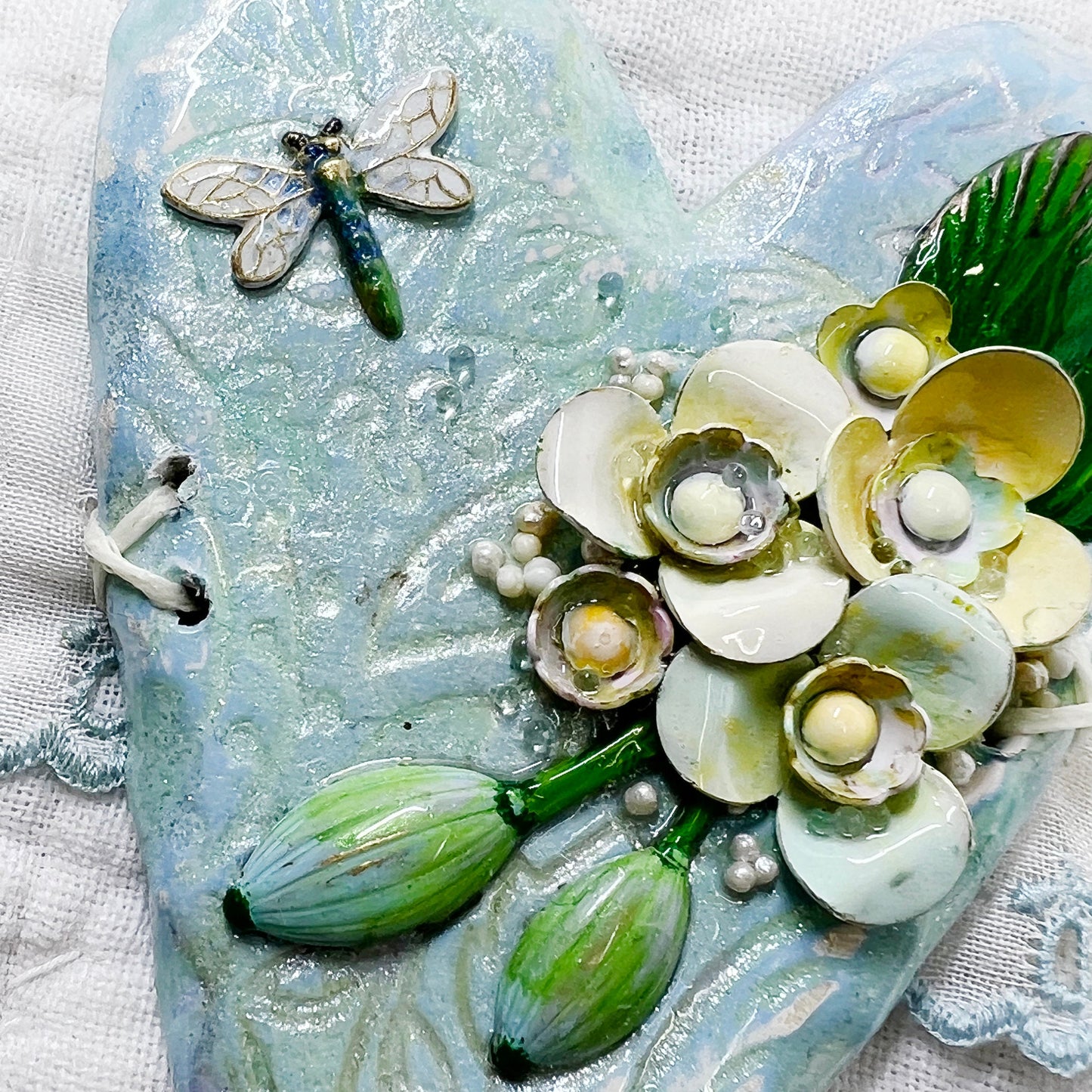Handmade Heartfelt Sampler 13: framed hand sculpted heart with hand-painted enameled flowers by artist Tammy Tutterow