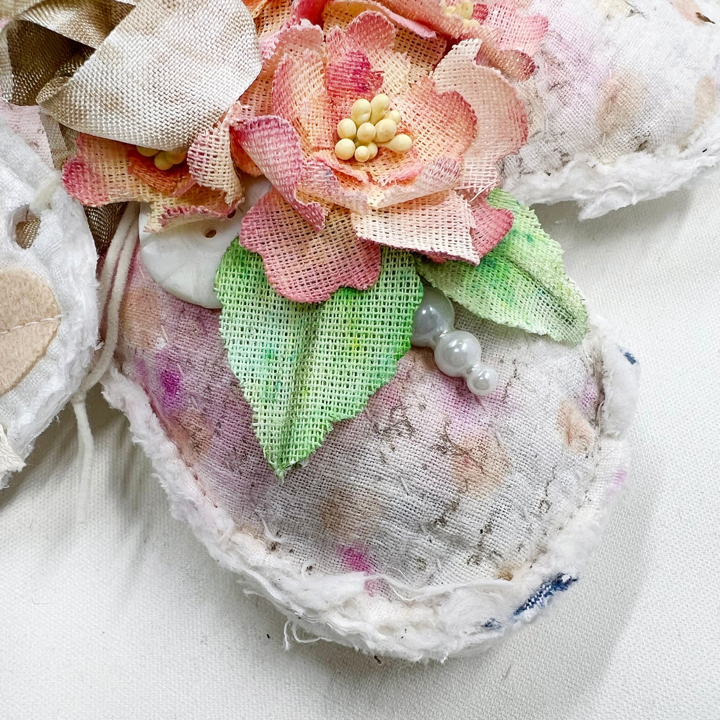 Handmade Heartfelt Love Notes Vintage Heart Bowl Filler #3: mixed media fabric art with handmade flowers by artist Tammy Tutterow