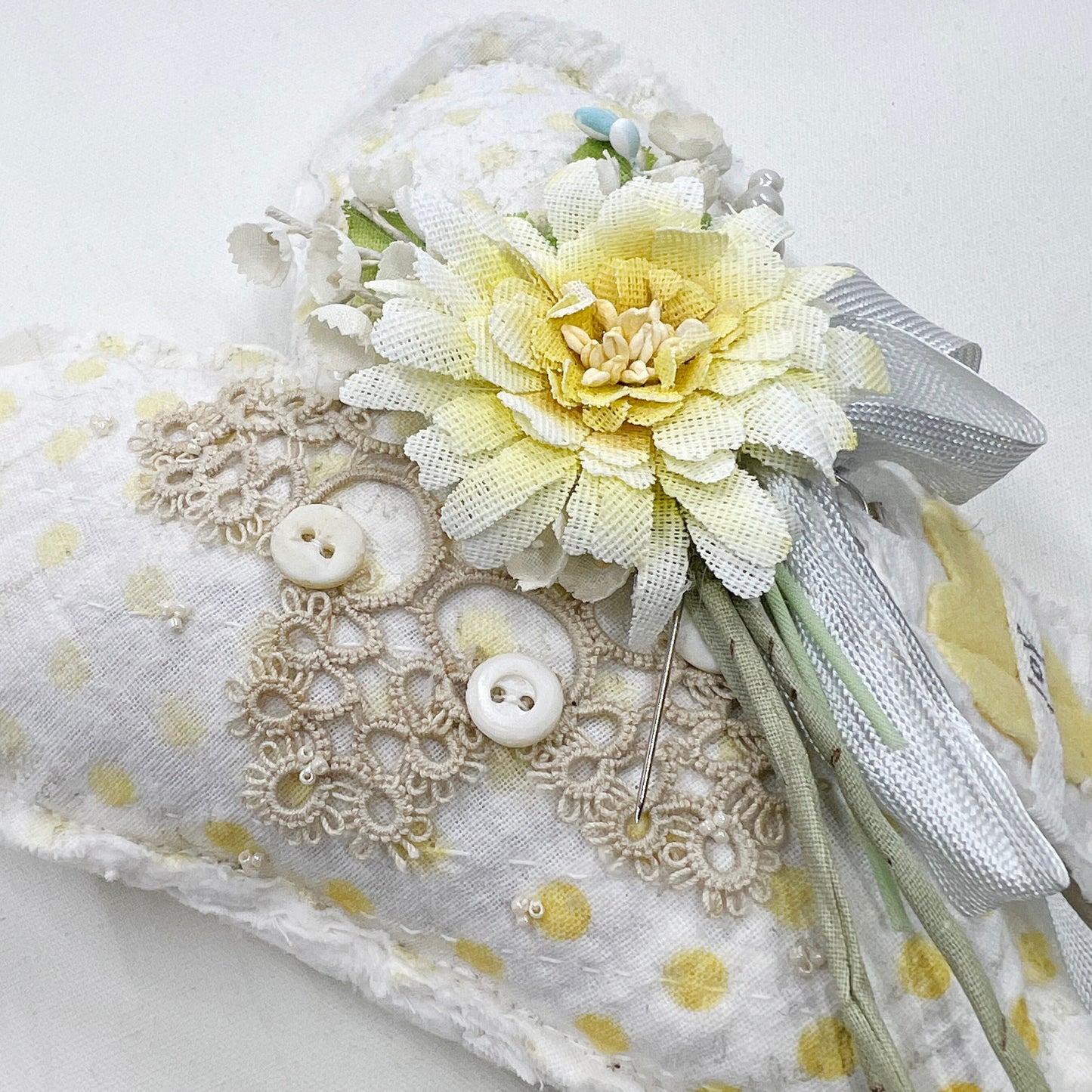 Handmade Heartfelt Love Notes Vintage Heart Bowl Filler #5: mixed media fabric art with handmade flowers by artist Tammy Tutterow