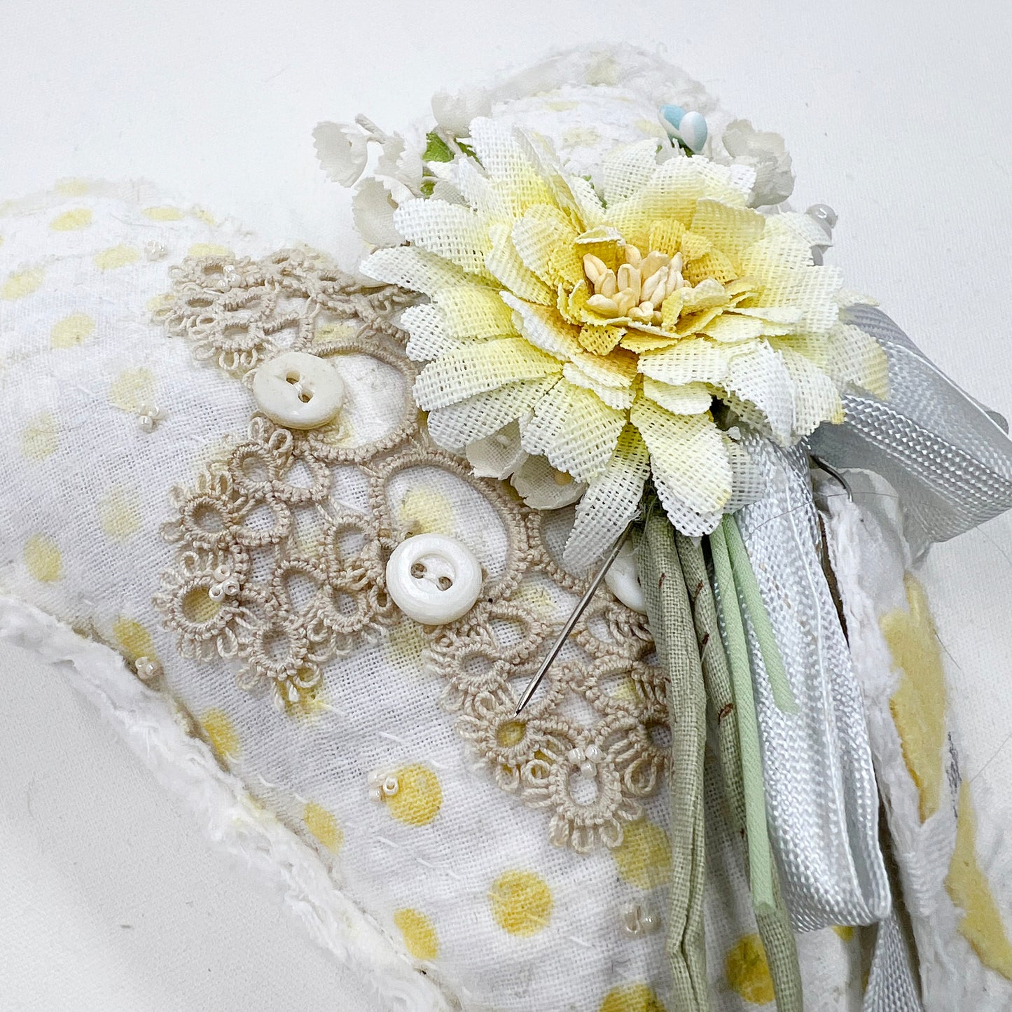 Handmade Heartfelt Love Notes Vintage Heart Bowl Filler #5: mixed media fabric art with handmade flowers by artist Tammy Tutterow