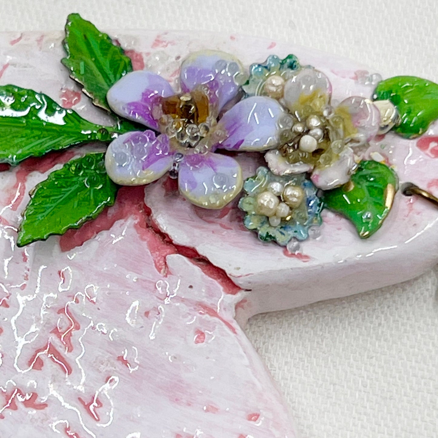 Handmade Heartfelt Ornament 3: hand sculpted heart with mixed media hand-painted enameled flowers by artist Tammy Tutterow