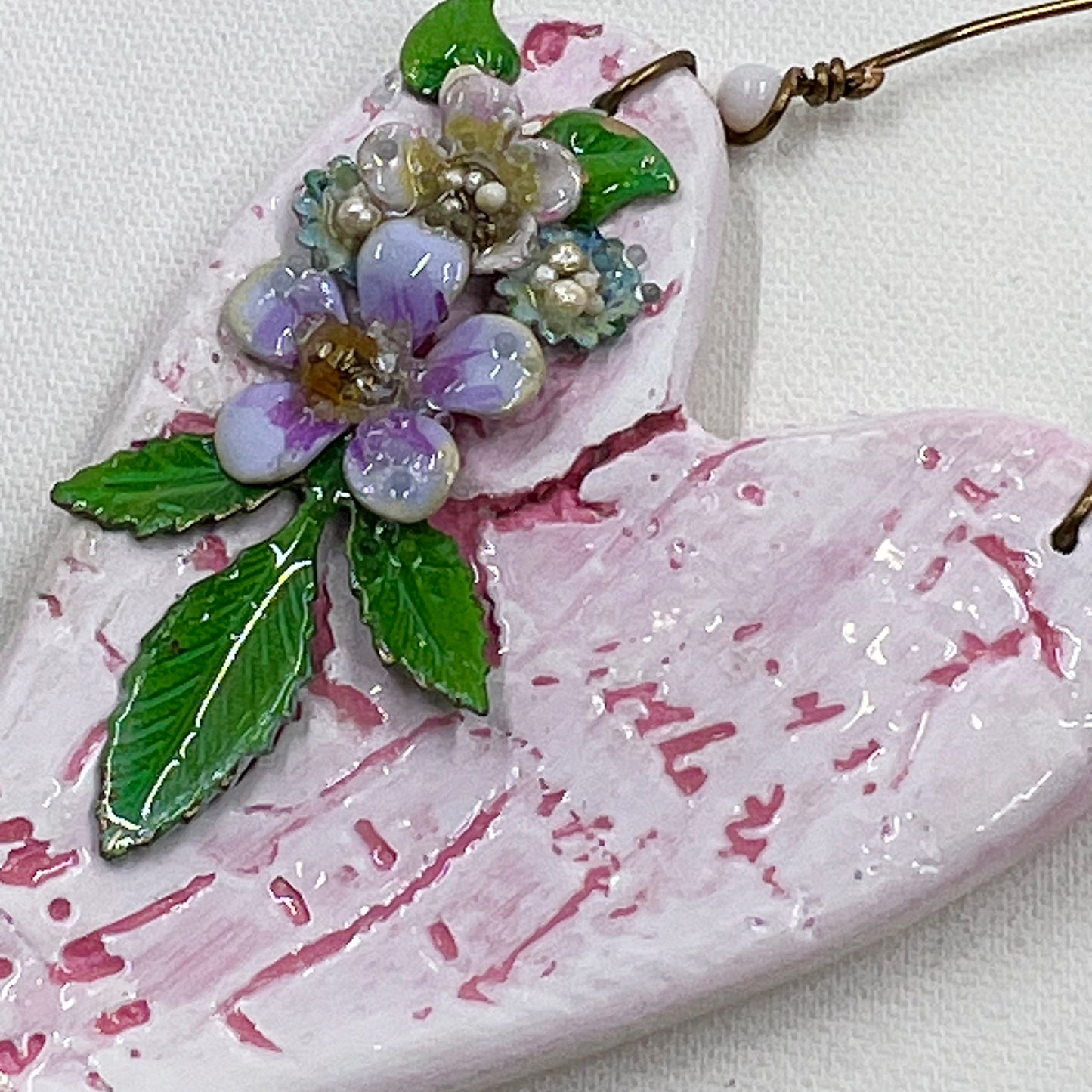 Handmade Heartfelt Ornament 3: hand sculpted heart with mixed media hand-painted enameled flowers by artist Tammy Tutterow