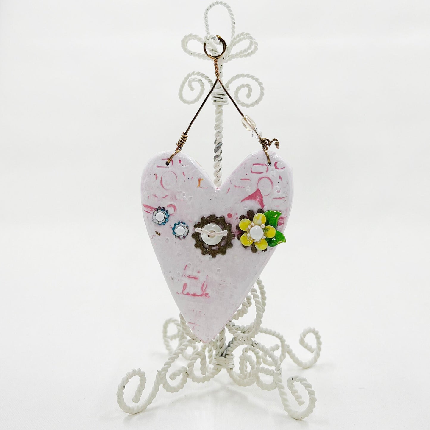 Handmade Heartfelt Ornament 4: hand sculpted heart with mixed media hand-painted enameled flowers by artist Tammy Tutterow
