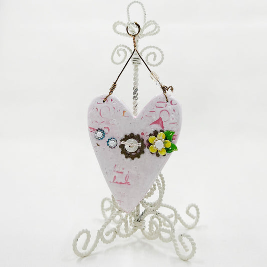 Handmade Heartfelt Ornament 4: hand sculpted heart with mixed media hand-painted enameled flowers by artist Tammy Tutterow