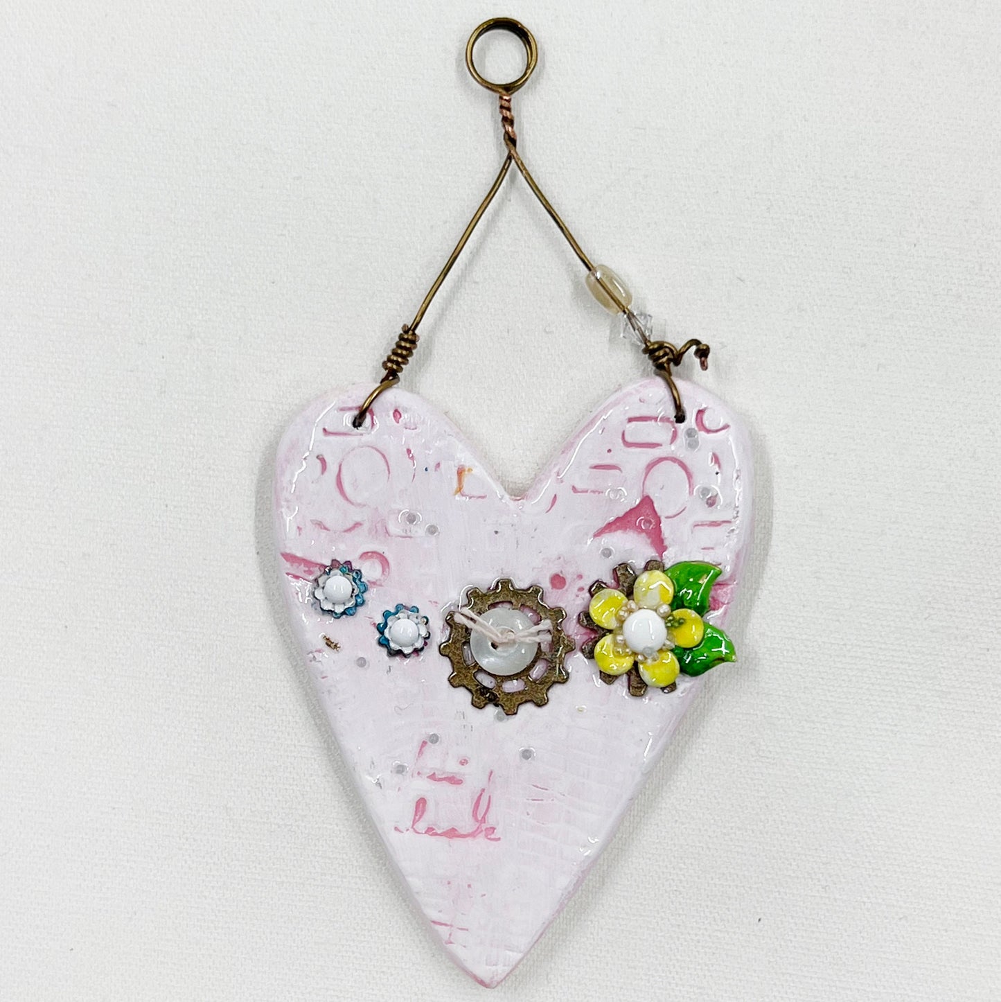 Handmade Heartfelt Ornament 4: hand sculpted heart with mixed media hand-painted enameled flowers by artist Tammy Tutterow