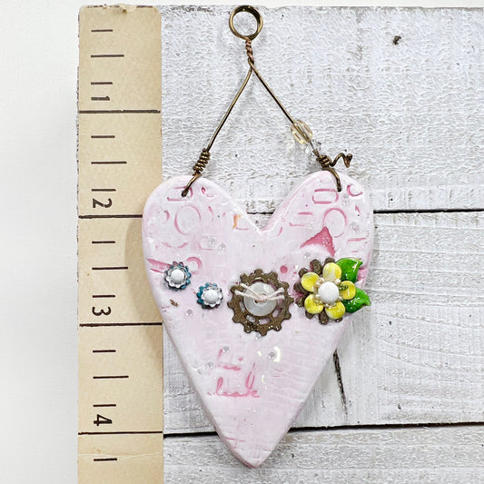 Handmade Heartfelt Ornament 4: hand sculpted heart with mixed media hand-painted enameled flowers by artist Tammy Tutterow