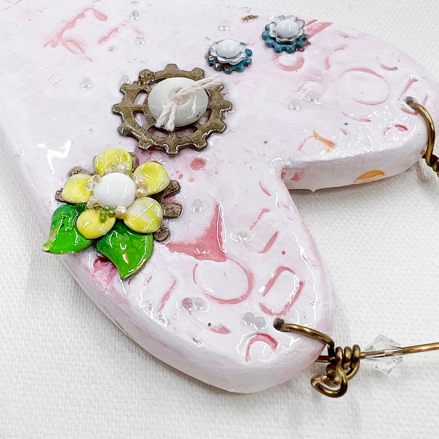 Handmade Heartfelt Ornament 4: hand sculpted heart with mixed media hand-painted enameled flowers by artist Tammy Tutterow