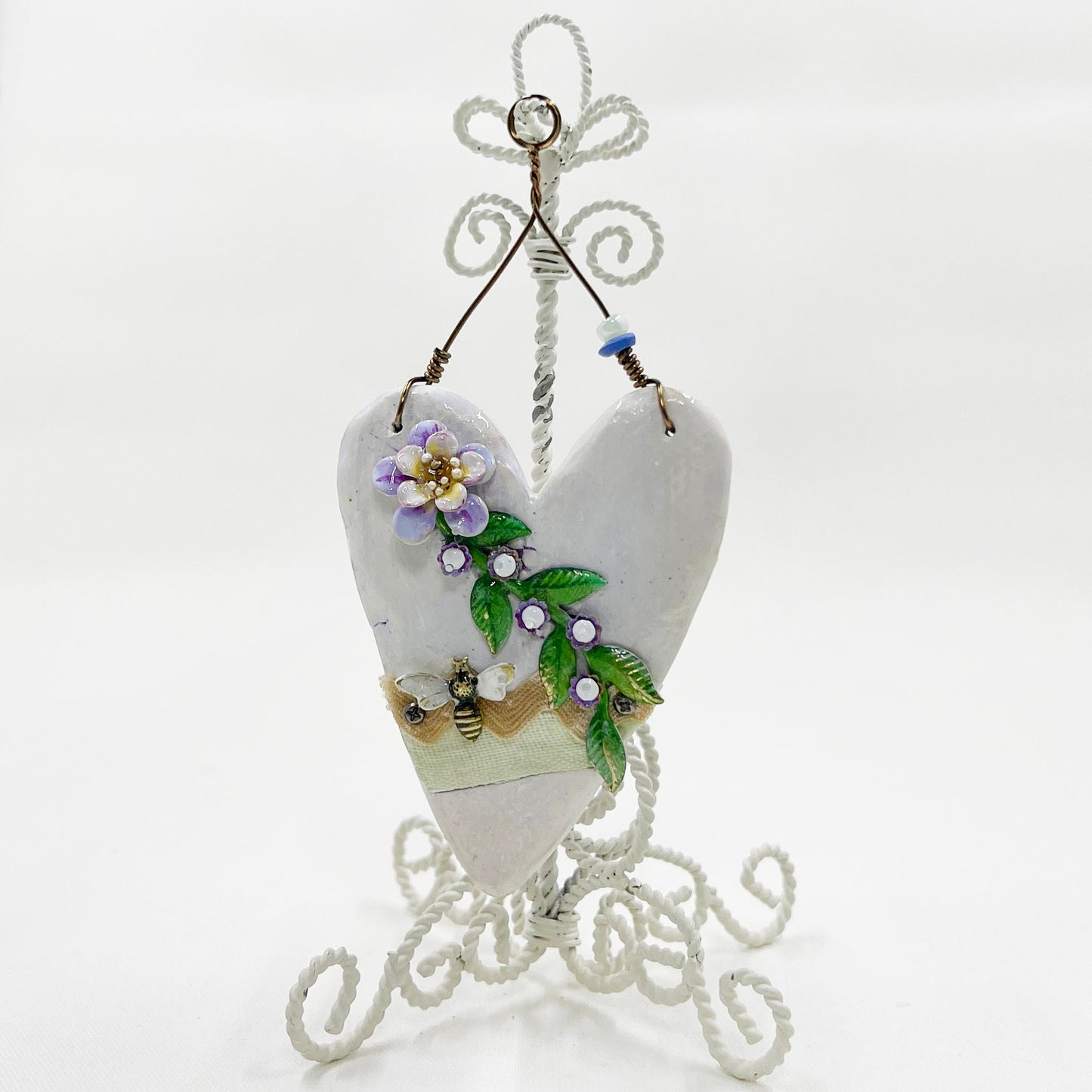 Handmade Heartfelt Ornament 6: hand sculpted heart with mixed media hand-painted enameled flowers by artist Tammy Tutterow