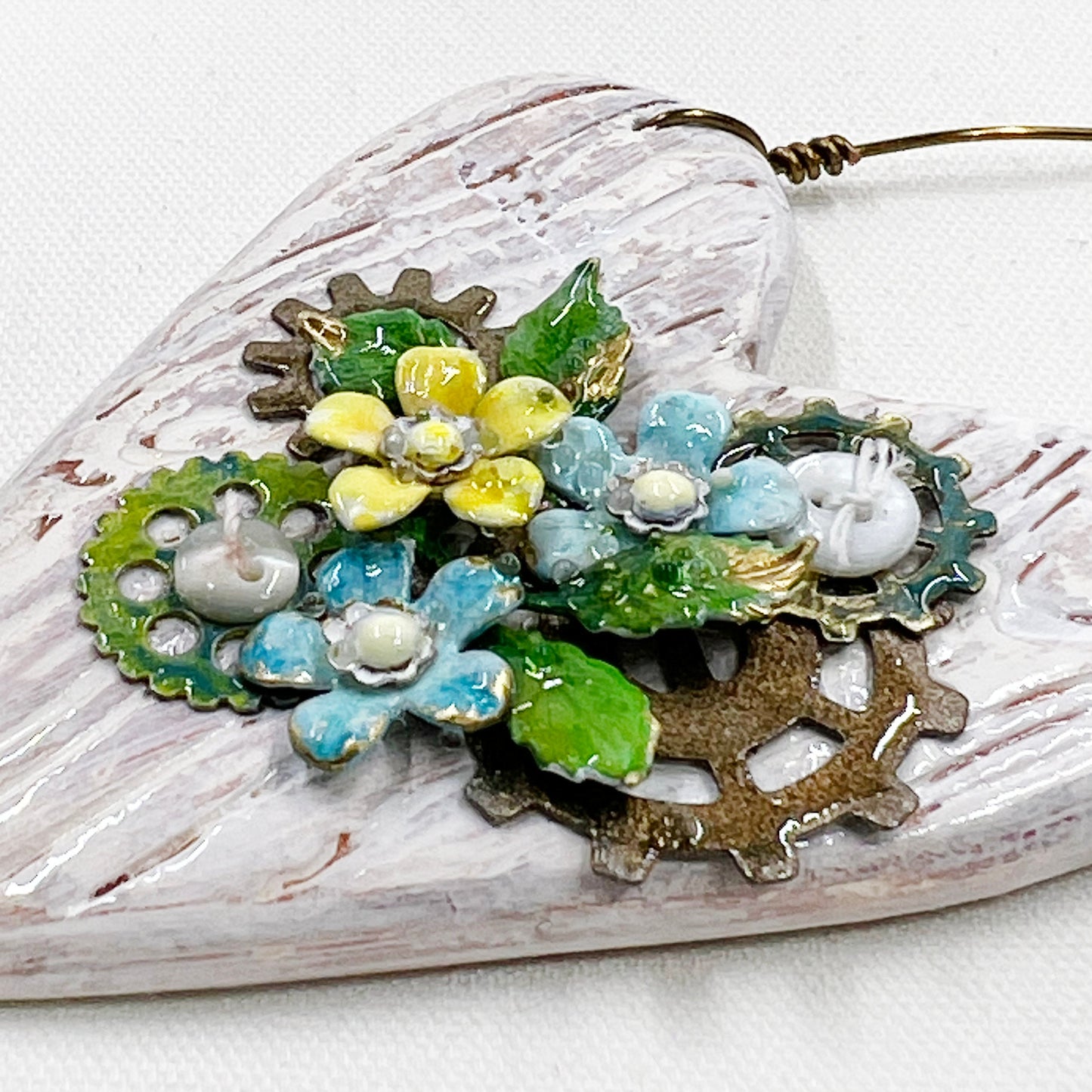 Handmade Heartfelt Ornament 8: hand sculpted heart with mixed media hand-painted enameled flowers by artist Tammy Tutterow