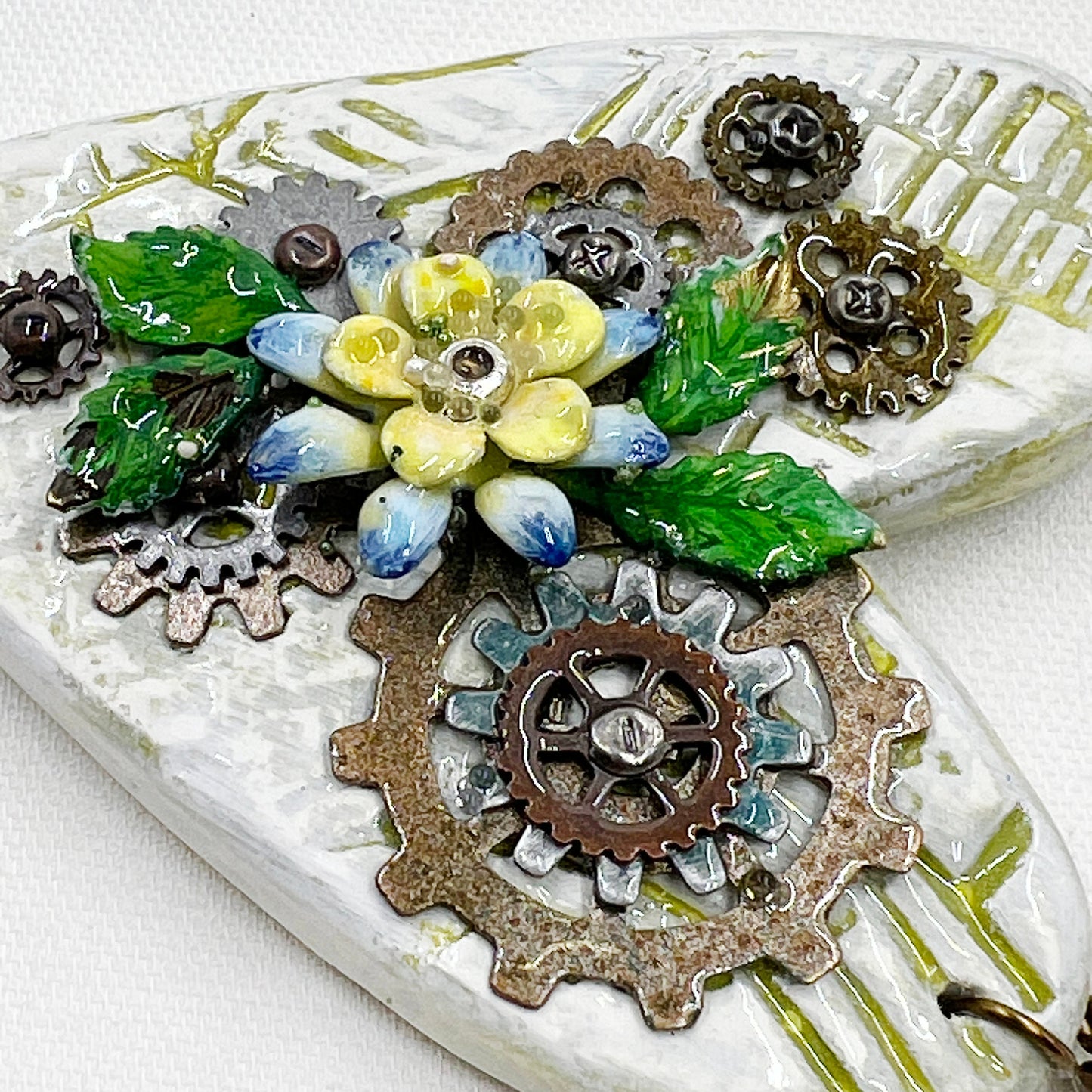 Handmade Heartfelt Ornament 10: hand sculpted heart with mixed media hand-painted enameled flowers by artist Tammy Tutterow