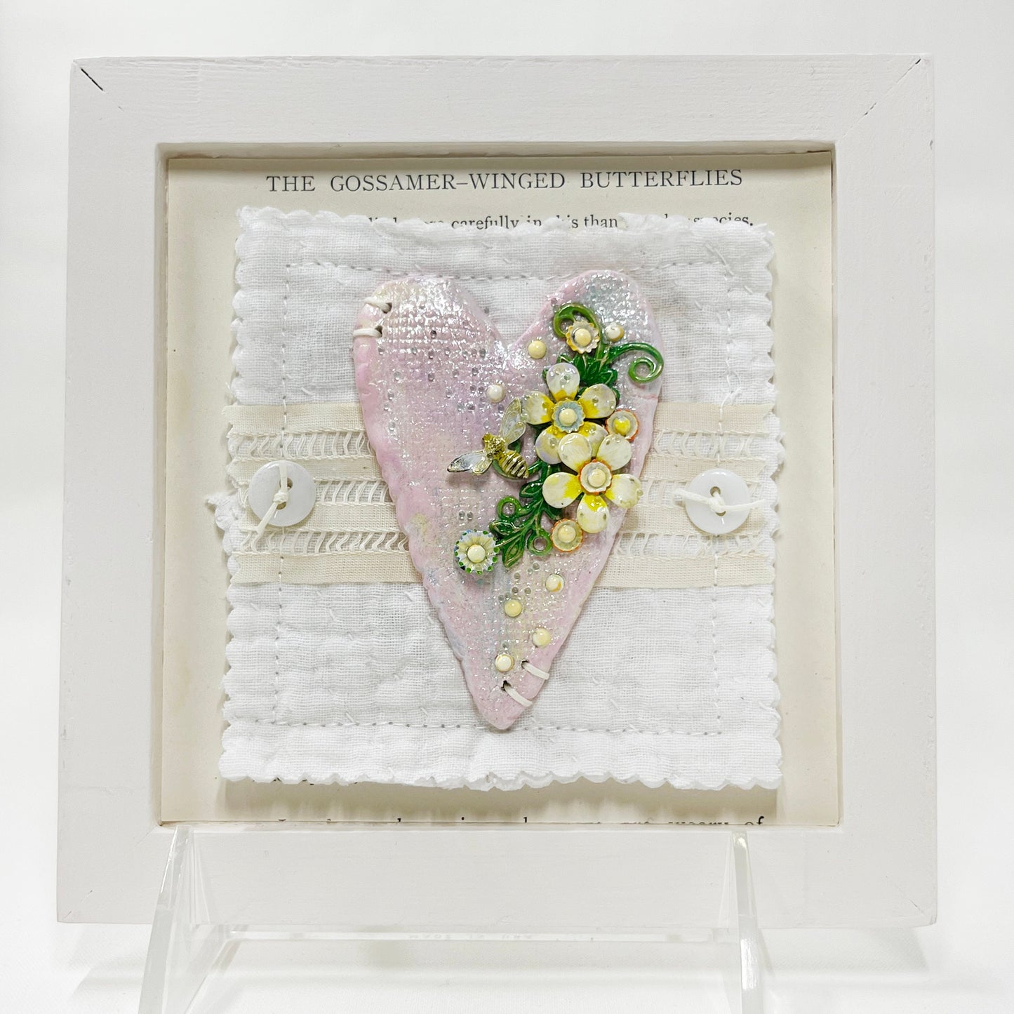 Handmade Heartfelt Sampler 15: framed hand sculpted heart with hand-painted enameled flowers by artist Tammy Tutterow
