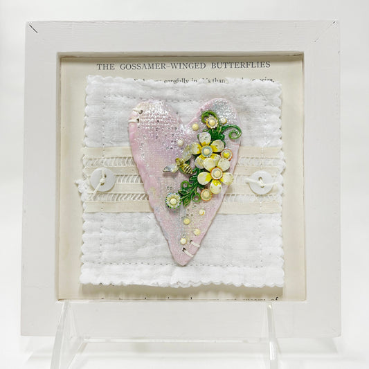 Handmade Heartfelt Sampler 15: framed hand sculpted heart with hand-painted enameled flowers by artist Tammy Tutterow