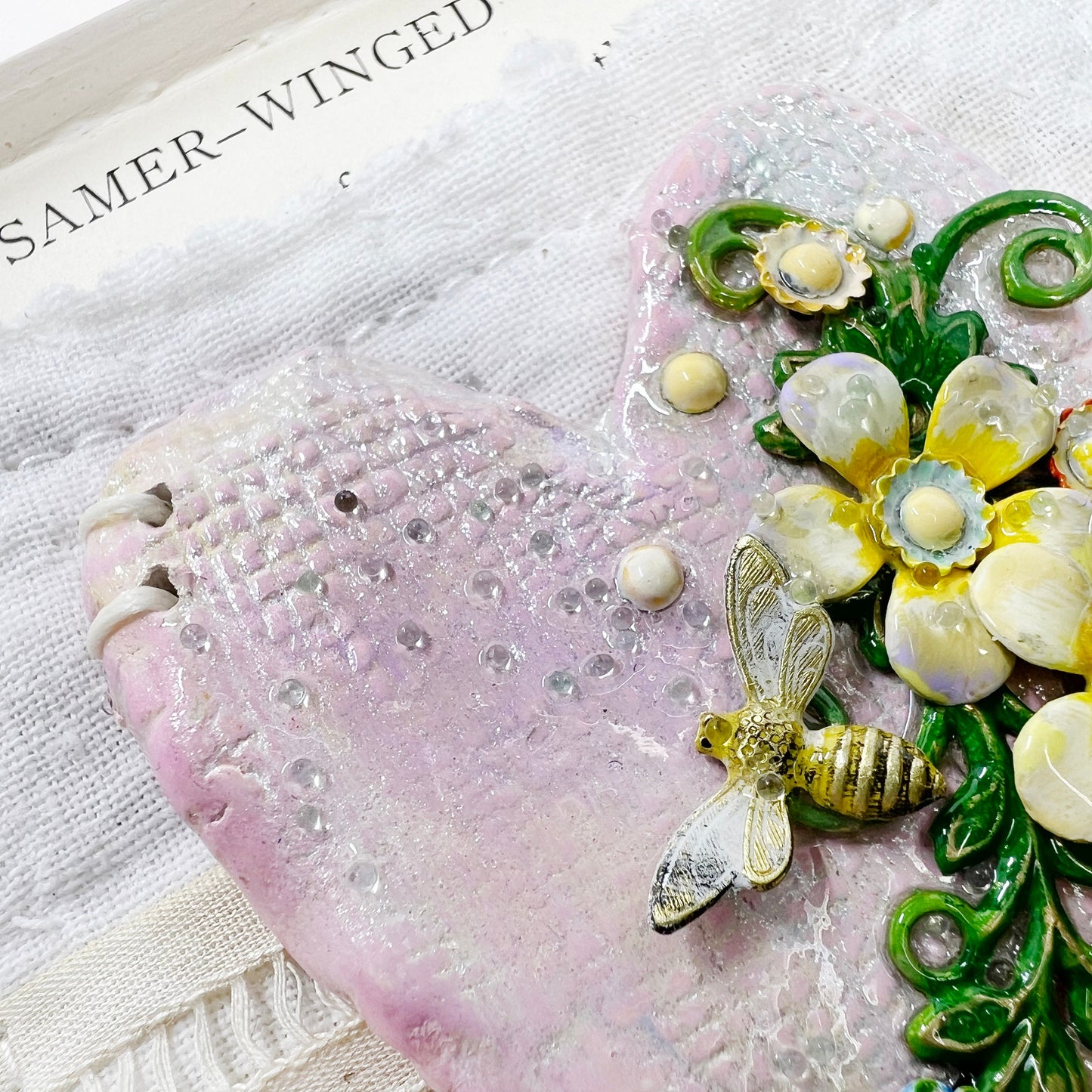 Handmade Heartfelt Sampler 15: framed hand sculpted heart with hand-painted enameled flowers by artist Tammy Tutterow