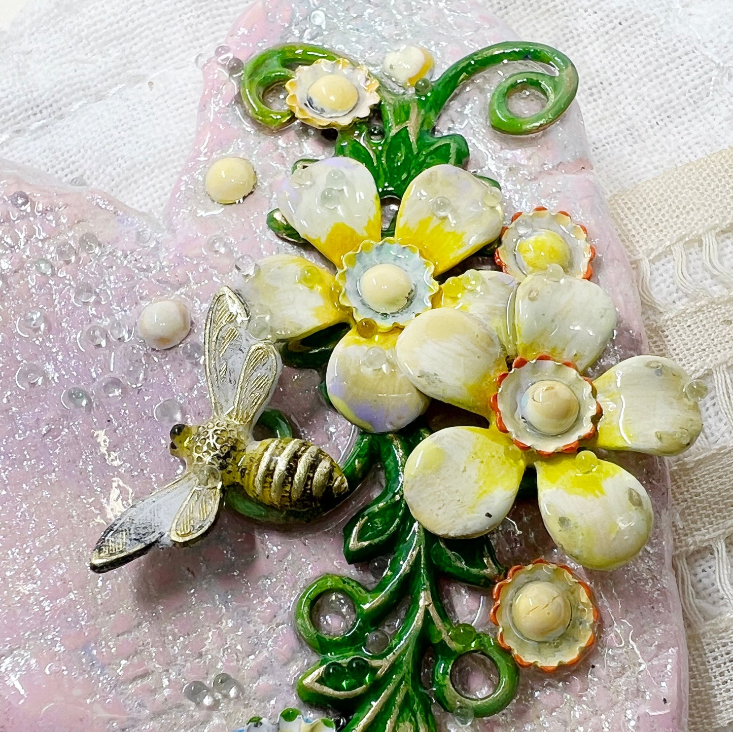 Handmade Heartfelt Sampler 15: framed hand sculpted heart with hand-painted enameled flowers by artist Tammy Tutterow