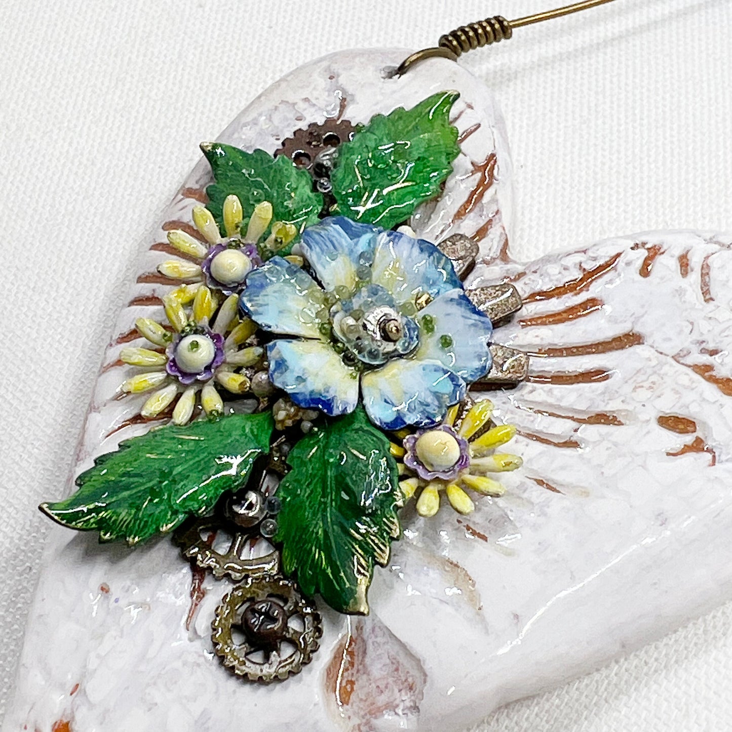 Handmade Heartfelt Ornament 15: hand sculpted heart with mixed media hand-painted enameled flowers by artist Tammy Tutterow