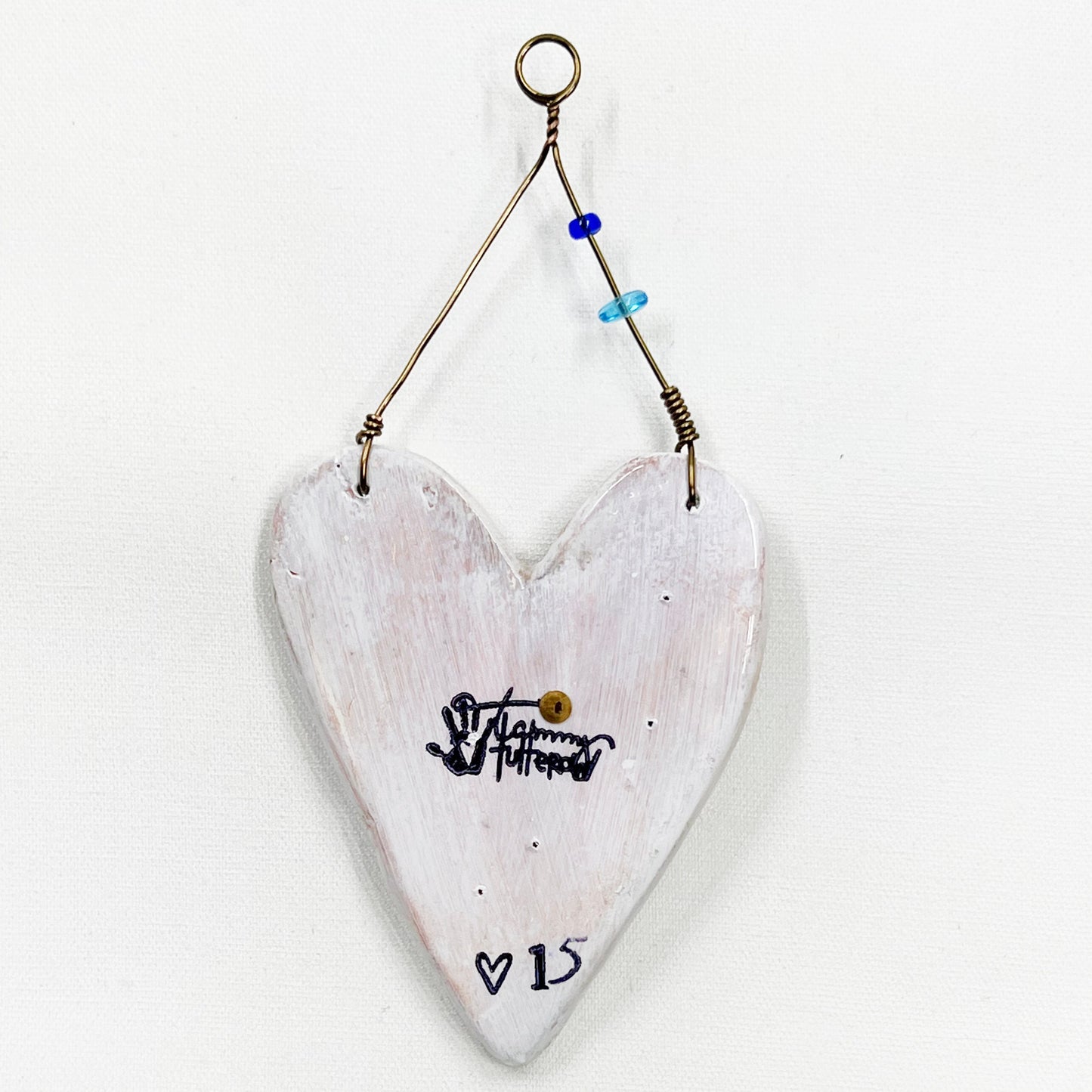 Handmade Heartfelt Ornament 15: hand sculpted heart with mixed media hand-painted enameled flowers by artist Tammy Tutterow