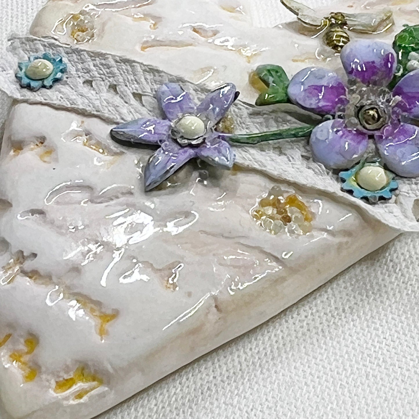 Handmade Heartfelt Ornament 16: hand sculpted heart with mixed media hand-painted enameled flowers by artist Tammy Tutterow