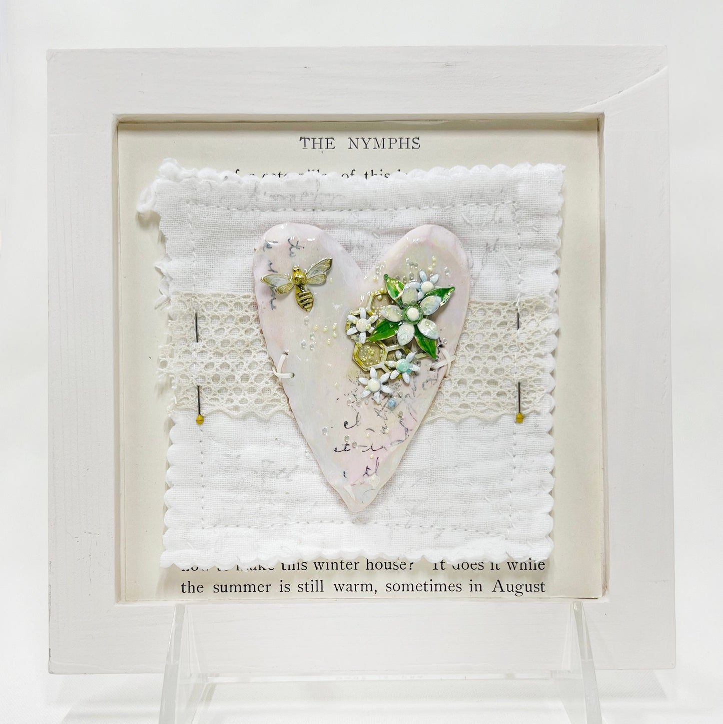 Handmade Heartfelt Sampler 16: framed hand sculpted heart with hand-painted enameled flowers by artist Tammy Tutterow
