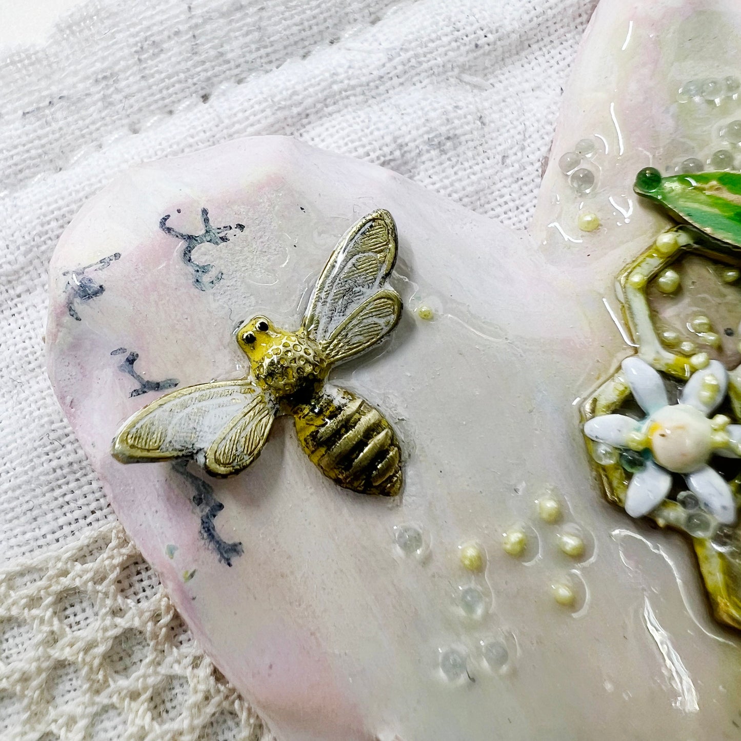 Handmade Heartfelt Sampler 16: framed hand sculpted heart with hand-painted enameled flowers by artist Tammy Tutterow