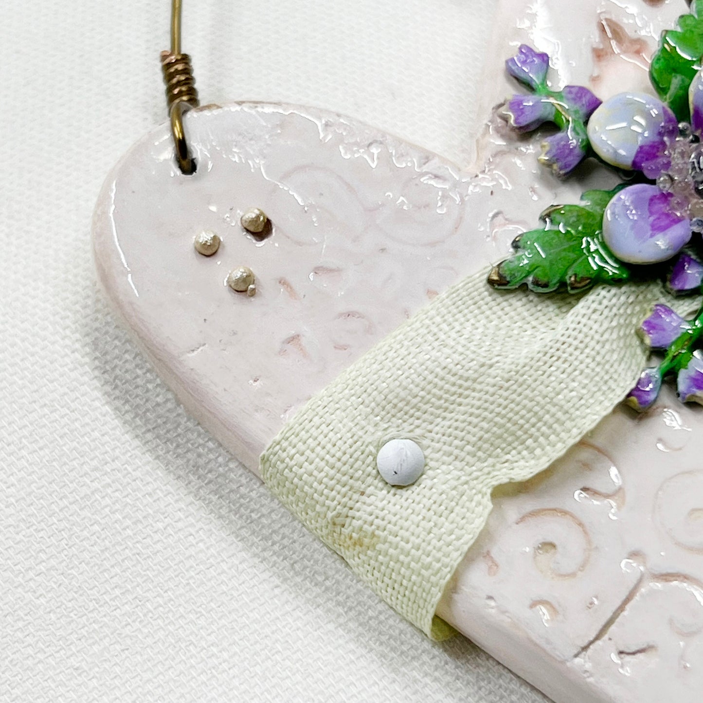 Handmade Heartfelt Ornament 17: hand sculpted heart with mixed media hand-painted enameled flowers by artist Tammy Tutterow