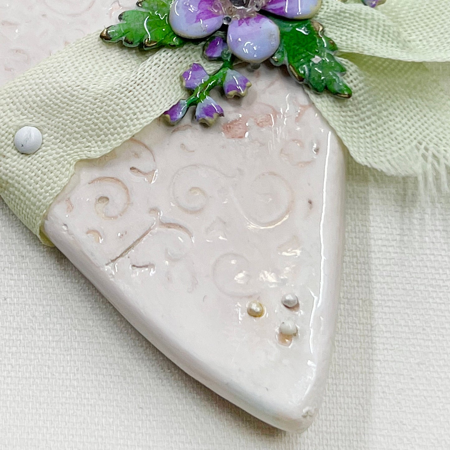 Handmade Heartfelt Ornament 17: hand sculpted heart with mixed media hand-painted enameled flowers by artist Tammy Tutterow