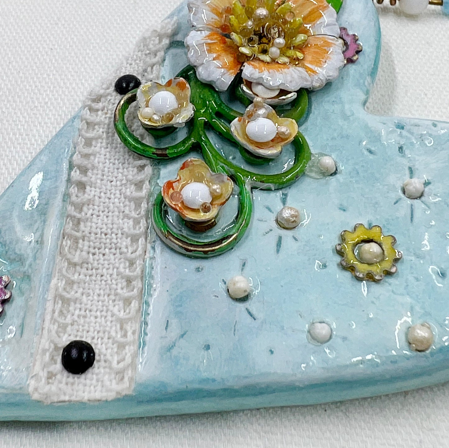 Handmade Heartfelt Ornament 1: hand sculpted heart with mixed media hand-painted enameled flowers by artist Tammy Tutterow