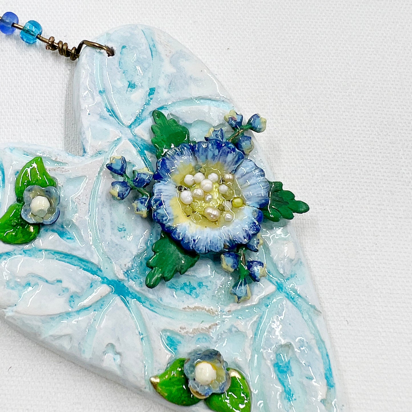 Handmade Heartfelt Ornament 2: hand sculpted heart with mixed media hand-painted enameled flowers by artist Tammy Tutterow