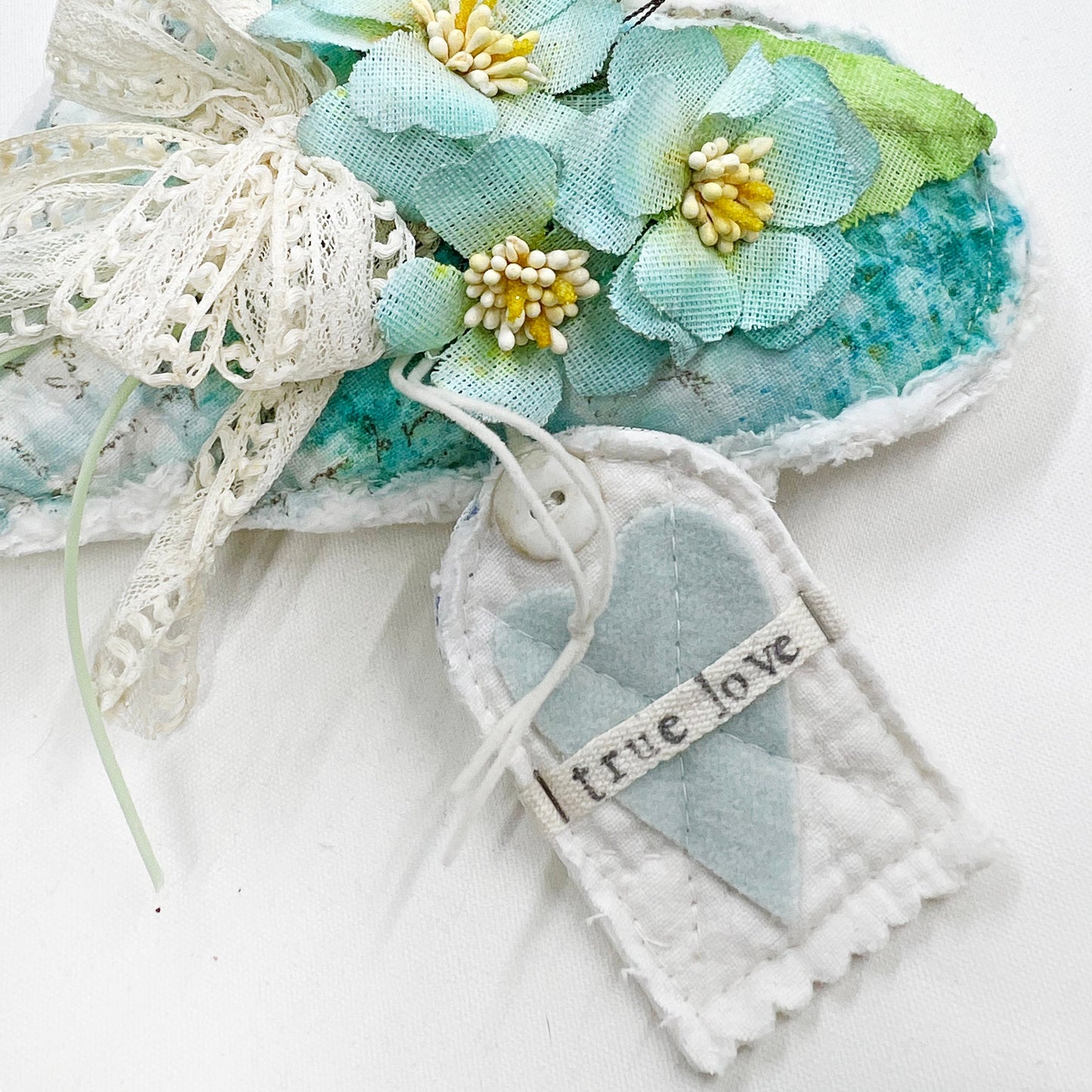 Handmade Heartfelt Love Notes Vintage Heart Bowl Filler #1: mixed media fabric art with handmade flowers by artist Tammy Tutterow