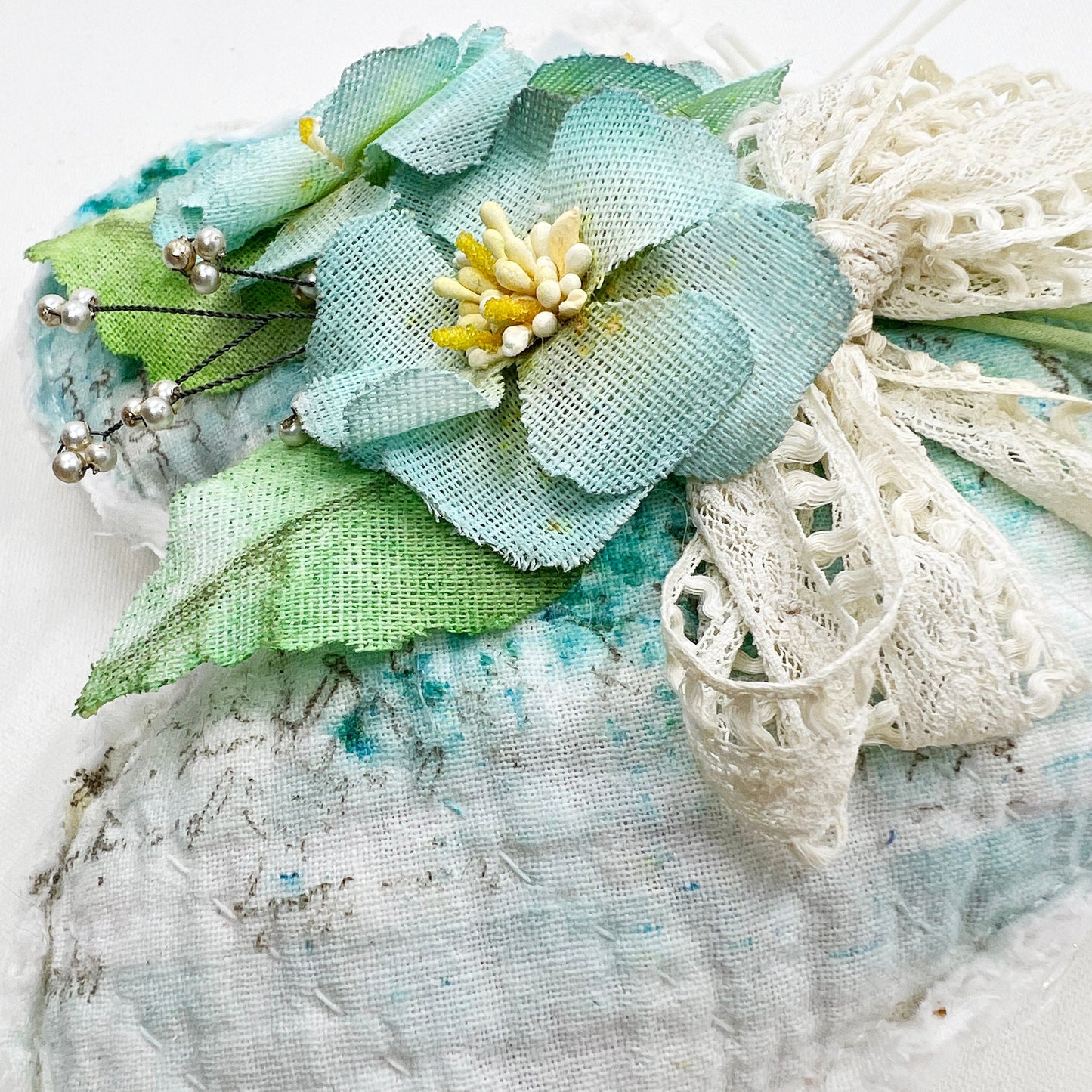 Handmade Heartfelt Love Notes Vintage Heart Bowl Filler #1: mixed media fabric art with handmade flowers by artist Tammy Tutterow