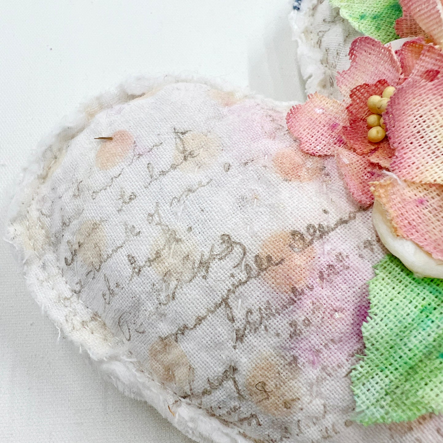 Handmade Heartfelt Love Notes Vintage Heart Bowl Filler #3: mixed media fabric art with handmade flowers by artist Tammy Tutterow